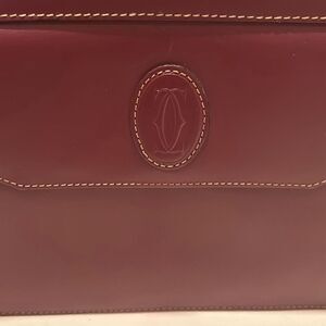 Cartier Envelope Style Clutch Bag Maroon Leather Gold Metal Corners CC Logo